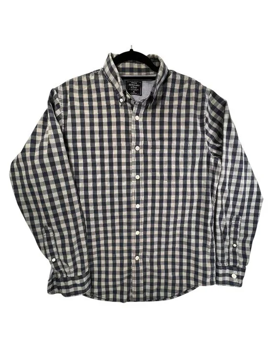 Abercrombie & Fitch Blue White Gingham Shirt Check Button Up Stretch M Mens - Picture 1 of 15